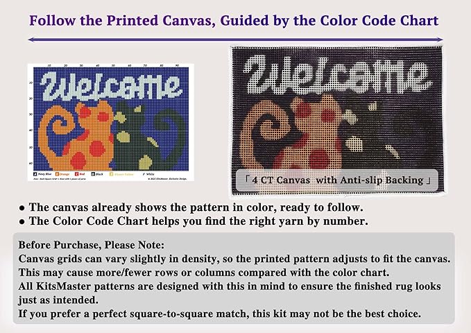 KitsMaster Welcome Cats Latch Hook Kit – Cozy Feline Doormat | Cat Lover's DIY Latch Hook Kit with Pre-Printed Canvas, Yarn & Tool- DIY Craft for Home Decor 23.6''x15.8'' (Welcome Cats)