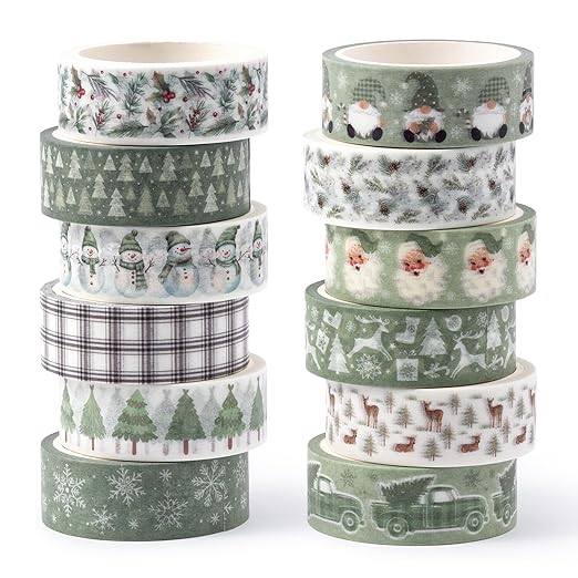 Sage Green Washi Tape - 12 Rolls Christmas Sage Design, Acid Free Residue Free Adhesive Easy Tear DIY Art Crafts for Christmas Gift Wrapping, Scrapbook, Journal Decor, Holiday Projects
