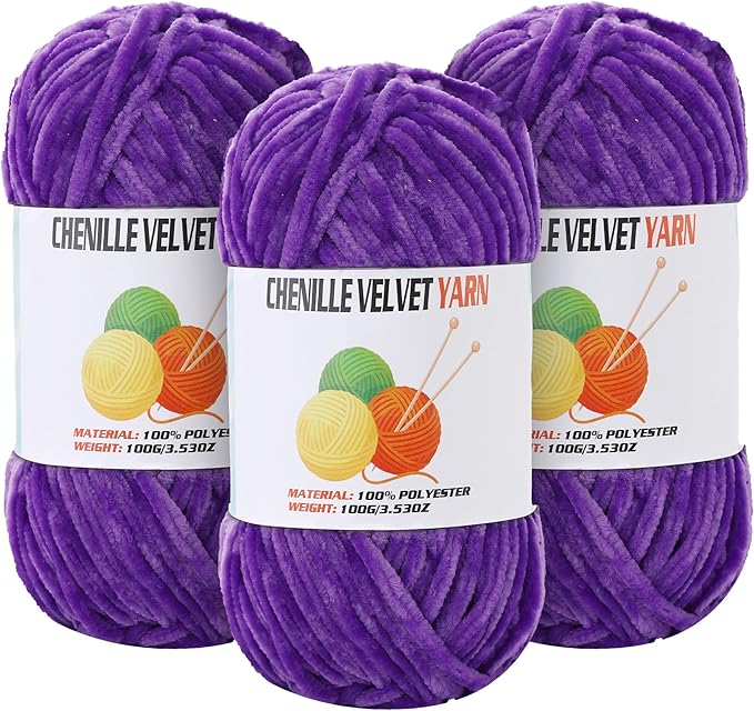 3 * 100g Velvet Chenille Chunky Yarn for Crocheting, Handcrafts Weaving Soft Chenille Yarn for Crocheting Clearance, Used for Making Baby Yarns Blanket, Clothes, Knitting Creations (Lavender Color)