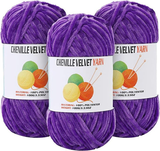 3 * 100g Velvet Chenille Chunky Yarn for Crocheting, Handcrafts Weaving Soft Chenille Yarn for Crocheting Clearance, Used for Making Baby Yarns Blanket, Clothes, Knitting Creations (Lavender Color)