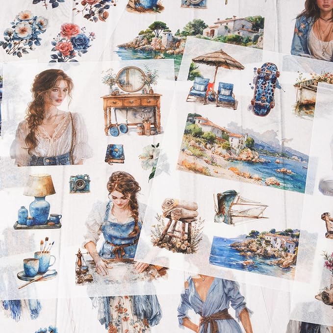 Stickers for Journaling, 20 Sheets Blue Art Junk Journal Sticker, PET Washi Materials Scrapbooking Supplies for Adults, People Women Transparent Decorative Crafts