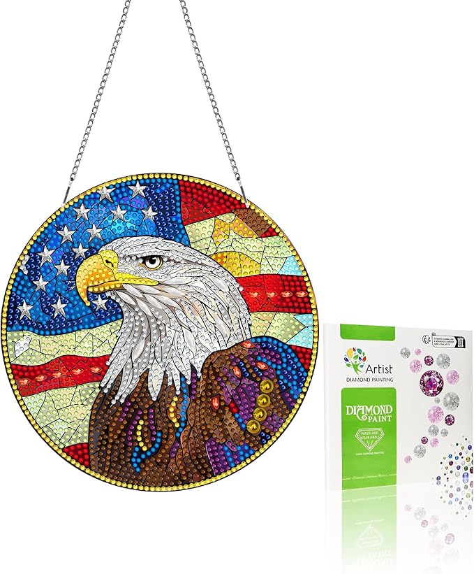 VAIIEYO Eagle Diamond Art Hanging,National Flag Diamond Painting Suncatchers Double Side Window Hanging Kit with Chain, 7.5x7.5 inch Crystal Pendant Art Craft for Gift Home Wall Front Door Decoration