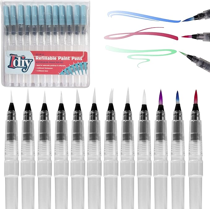 Refillable Watercolor Brush Pens Set of 12 – Water Brush Pens with 3 Tip Sizes (3mm, 4mm, 5mm) – Nylon Point Tips for Painting, Lettering, Calligraphy & DIY Crafts – Easy Flow Control & Easy to Clean