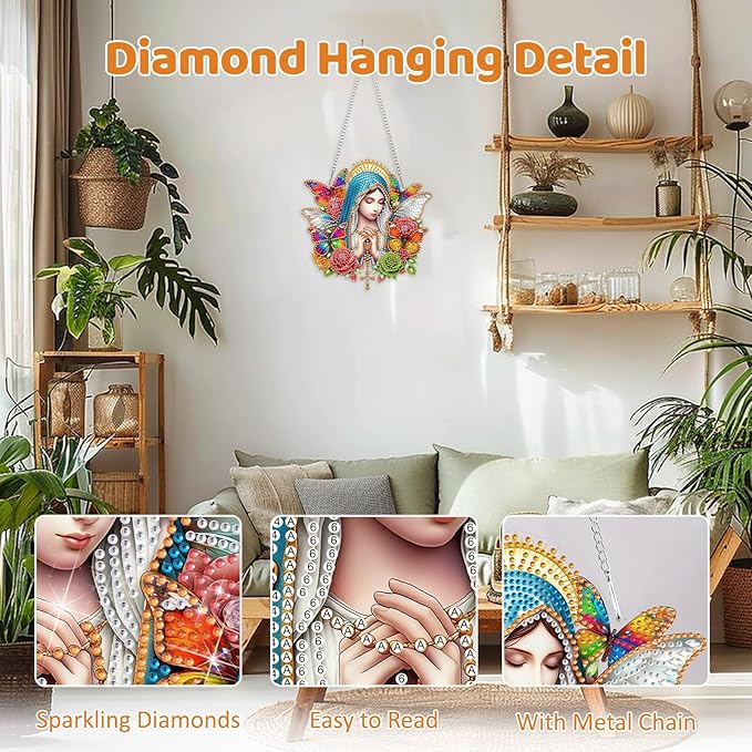 MEIYUDA Virgin Mary Diamond Art Hanging Kits for Adult, Butterfly Virgin Mary Diamond Painting Hanging Kits Ornaments, DIY Special Shaped Rhinestone Window Pendant kit for Home Garden Wall Decor Gift