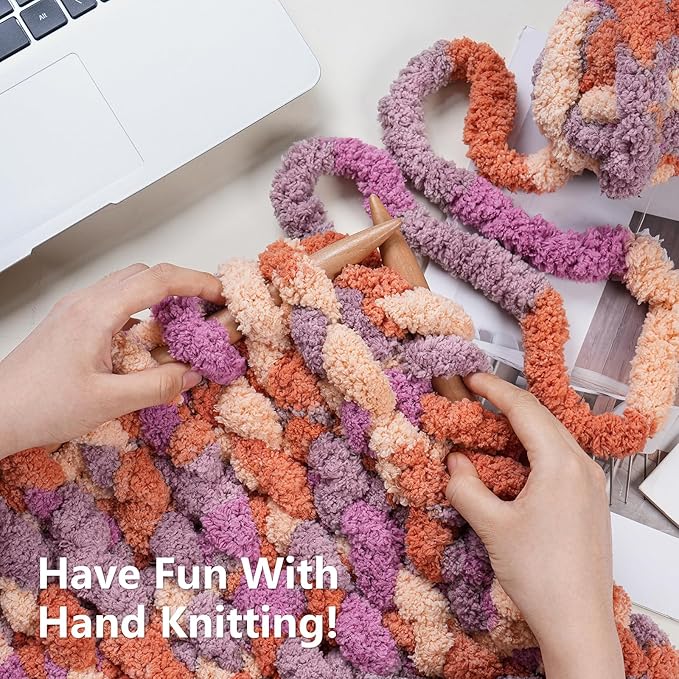 Chunky Yarn for Hand Knitting - #10 Chunky Chenille Blanket Yarn, Jumbo Big Thick Chunky Yarns for Crocheting, Tie Dye Bulky Knit Yarns, 8 Skein (25 yds 8 oz Each Skein), Purple & Orange