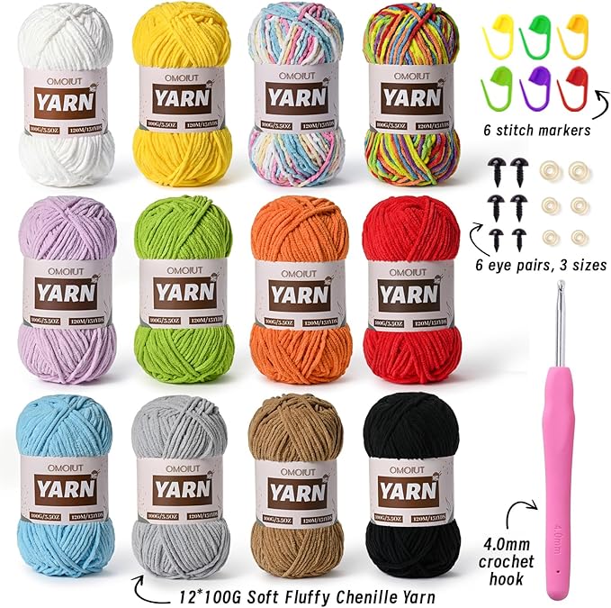 12 Pack 42.3oz/1572yds Bulky Multicolor Yarn Set, Plush Chenille Blanket Yarn for Crocheting, Fluffy Velvet Yarns for Crochet, Fuzzy Baby Yarns for Crocheting Soft, Crochet Amigurumi D