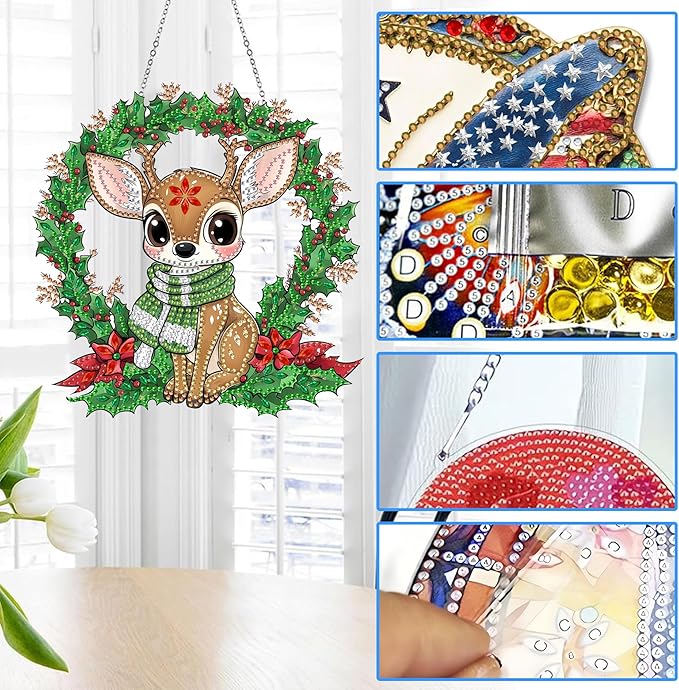Reofrey Hanging Diamond Art Kits for Adults - 8x8 Inch Christmas Deer Acrylic Board Double Sided Pattern Diamond Art Suncatcher Pendant, Crystal Art for Home Wall or Window Decoration Handmade Gift