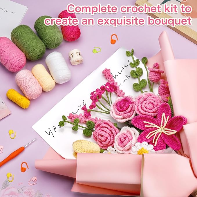 Iuuidu Crochet Kit for Beginners, Rose-Pink Flower Bouquet Crochet Kit, Knitting Kit with Step-by-Step Video Tutorials for Woman Birthday Anniversary Day Weddings Party Present, Home Decor