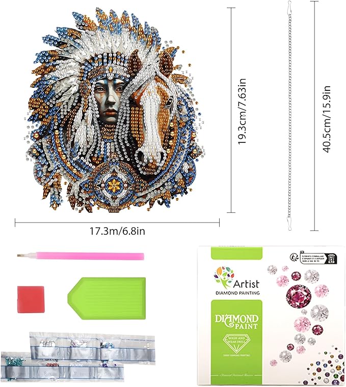 Lxmsja DIY Indian Chief Diamond Painting Hanging Ornament, Double-Sided Acrylic Horse Diamond Art Kit, Special Shaped Suncatcher Hanging Pendant Window Art Kit 8x7 inch