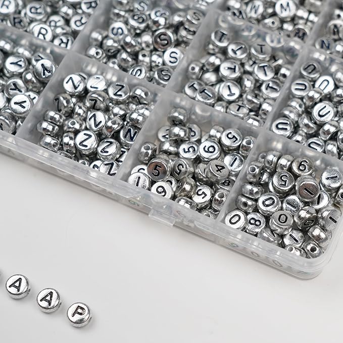 1450Pcs Silver Acrylic 4x7mm Round Letter Beads Kits Alphabet A-Z (Extra for Vowel Letter) and Number Beads for Bracelets Necklaces Jewelry Making (Silver, 4x7mm)