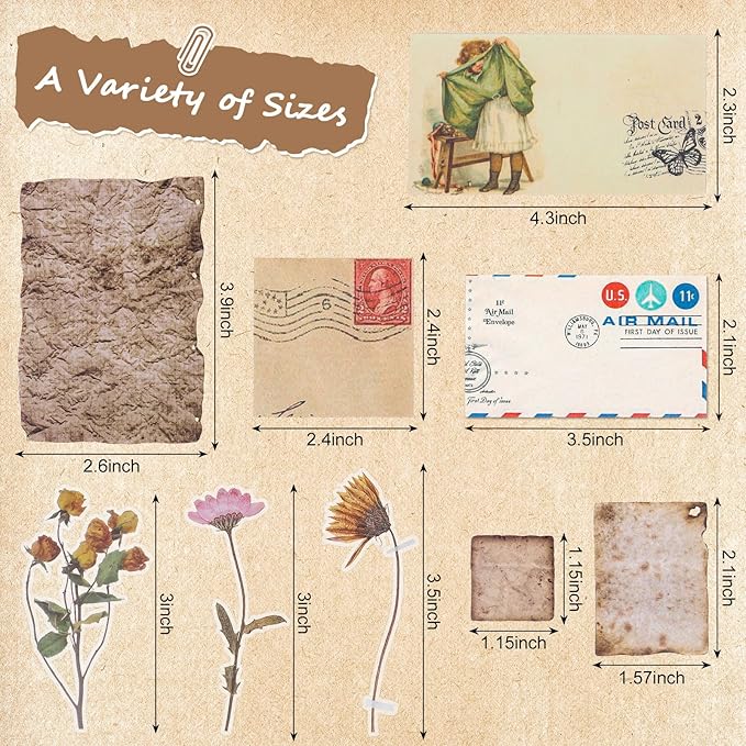 Prudiut 445 Pcs Vintage Scrapbook Paper, Journaling Supplies Kit, Delicate Decorative Paper with Floral Stickers & Multi-Size Scrapbook Paper for Junk Journal, DIY Collage Art, Vintage Crafts