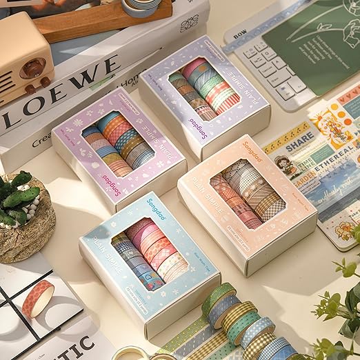 20 Rolls Basic Washi Tape Set Japanese Arts Adhesive Tapes Simple Patterns Decorative Masking Tape Sets for Craft, Kids, Scrapbook, DIY, Gift Wrapping (Style Six)