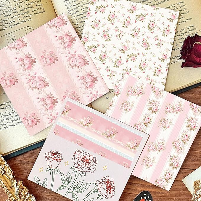 Floral Scrapbook Paper, Vintage Floral Garden Craft Sheets, 24 Pages/24 Unique Designs Double-Sided Origami Art Supplies, Pink Scrapbook Materials for DIY Cards, Journals, Album Decor, 12"x12" Inch