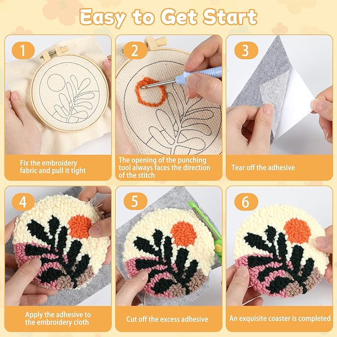 Punch Needle Coaster Kit for Beginners 6 Patterns Scenery Designs Embroidery Punch Needle Kit with Adhesive Felt Yarns Hoop Instruction Punching Decoration DIY Coaster Art Kits for Adults Beginner Kid