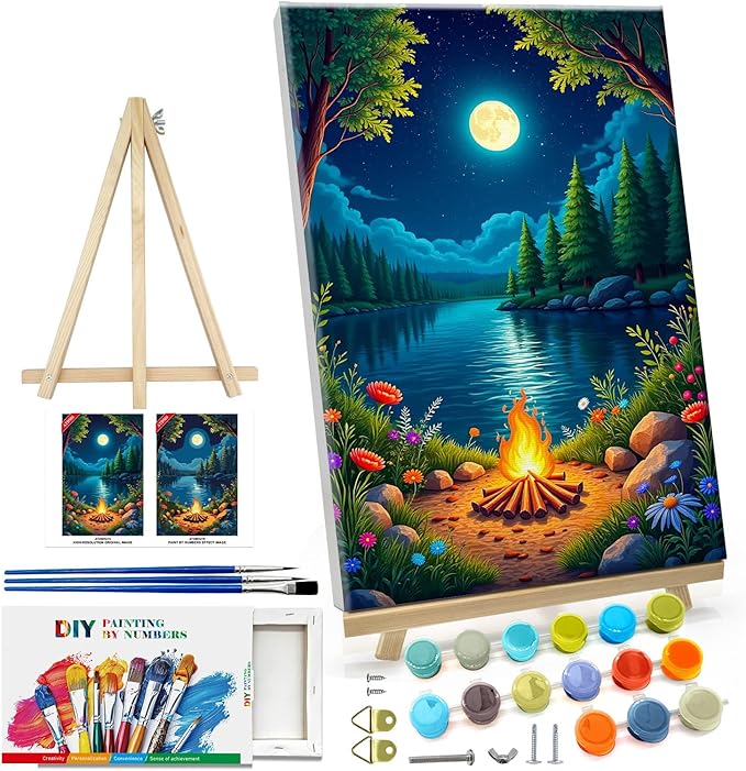 ATDMS Landscape Paint by Numbers Kit for Adults with Frame Moon Paint by Number with Easel Lake Adult Paint by Number Kits Framed Canvas DIY Oil Painting by Numbers for Gift Home Wall Decor 8x12 Inch