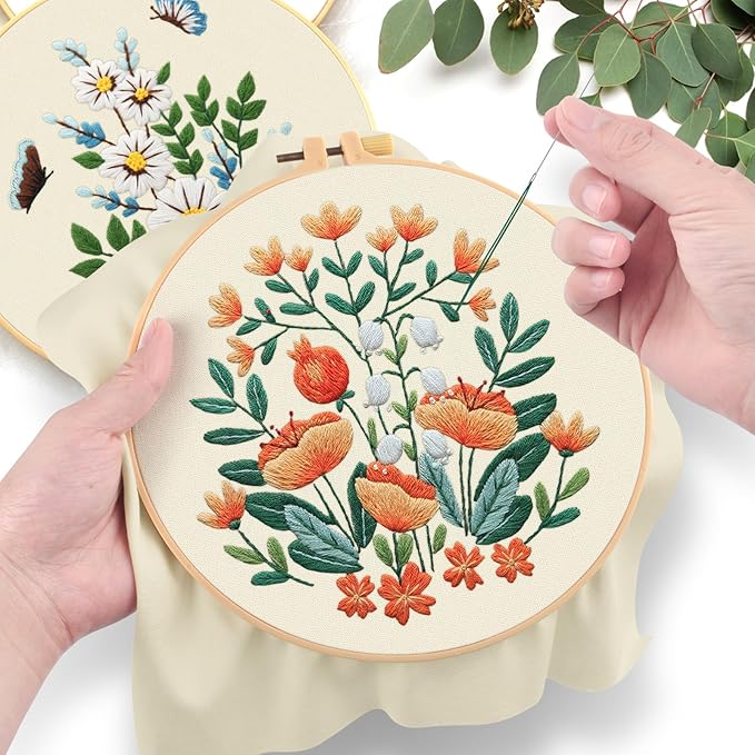 ERKOON 5 Sets Embroidery Kit for Beginners, Butterfly Cross Stitch Set for Include Embroidery Cloth Hoops Threads for Craft Lover Hand Stitch (Bouquet)