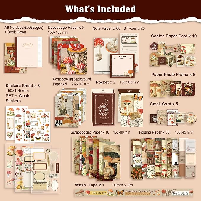 scrapbook supplies kit, vintage junk journaling supplies, scrapbooking kit with aesthetic stickers, stationary set, bullet journaling kit, ephemera collage craft supplies gift for adults women starter
