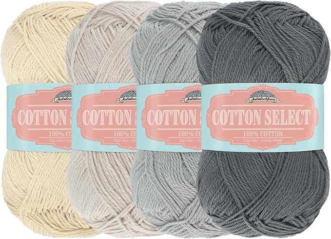 JubileeYarn Cotton Select Yarn - 50g/Skein Sport Weight - Shades of Grey - 4 Skeins