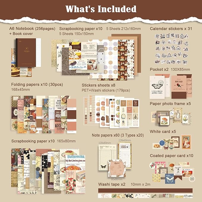 scrapbook supplies kit, vintage junk journaling supplies, scrapbooking kit with aesthetic ephemera stickers, stationary set, bullet journaling kit, collage craft supplies gift for adults women starter