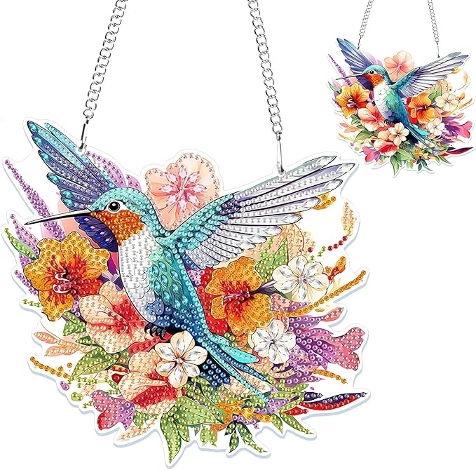 GHHKUD Hummingbirds Diamond Painting Pendant Ornament for Adults Kids, Double Sided Flowers Diamond Art Hanging Pendant, DIY Special Gem Painting Board Kit for Window Home Decor