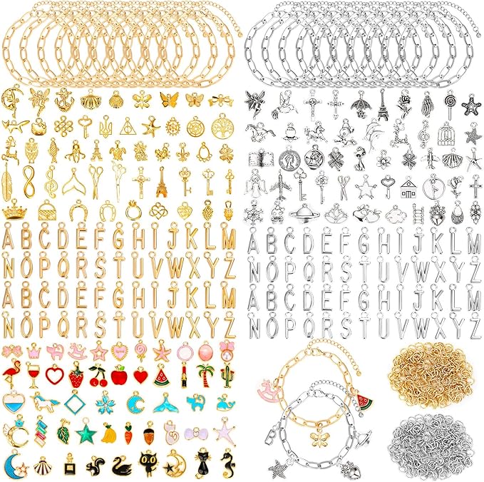 Mckanti 674 Pieces Charm Bracelet Making Kit, Including Paperclip Chain Bracelets, Charms, Jump Rings for DIY Bracelet Making(Gold & Silver)