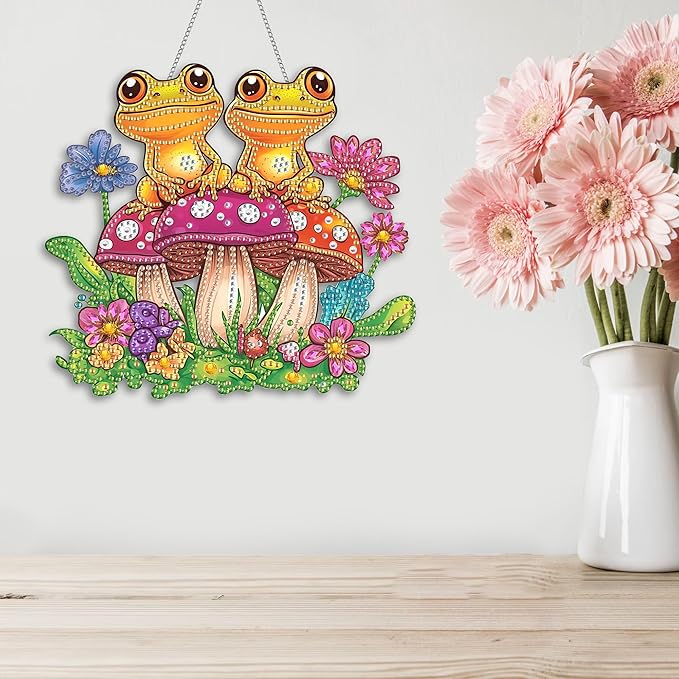 Kaliosy Sun Catcher Mushroom Frog Window Hanging Ornament - Outdoor Porch Decor, Animals Themed Diamond Art Ornament, Acrylic Board Diamond Painting for Wall Home Garden, Indoor Decor 8x8inch