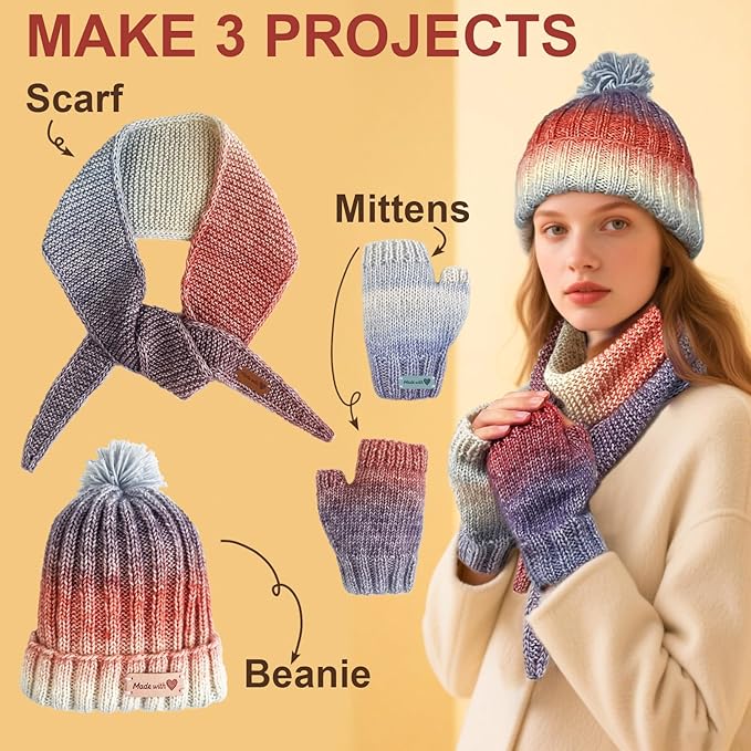 kitcroet knitting kit for beginners, complete beginner knitting kit including knitting needles set, soft gradiant cake yarn, learn to knit scarf, beanie, mittens with step by step video tutorials, new