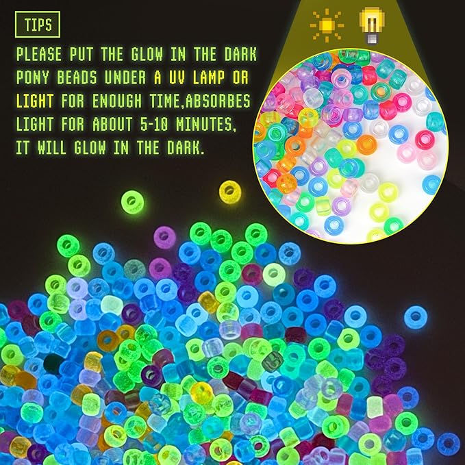 pony beads glow in the dark 1000pcs neon beads, bracelet beads 9mm luminous bulk beads for hair braiding, colored uv beads for crafts kandi beads kit