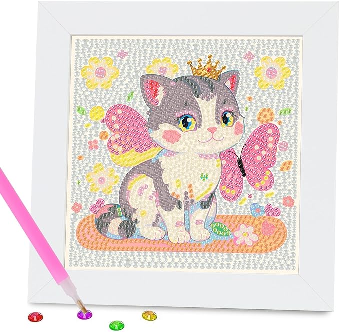 FlyingMage 5D Diamond Art Painting Kits with Wooden Frame, Cute DIY Diamond Art Mosaic Kits for Adults Women Teen, Kawaii Diamond Crafts Arts Full Drill Diamond Dots (Silver Butterfly Cat)