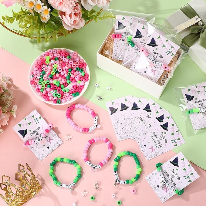 Ferreve 24 Sets Pink and Green Party Favors Witch Bead Bracelets Friendship Crafts Kit for Witch Princess Birthday Party Activities Jewelry Making Gifts