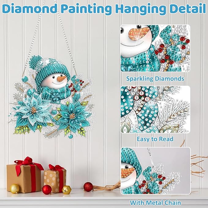 MEIYUDA Snowman Diamond Art Hanging Kits for Adult, Winter Snowflake Diamond Painting Hanging Kits Ornaments, DIY Special Shaped Rhinestone Window Pendants kit for Home Garden Wall Decor Gift