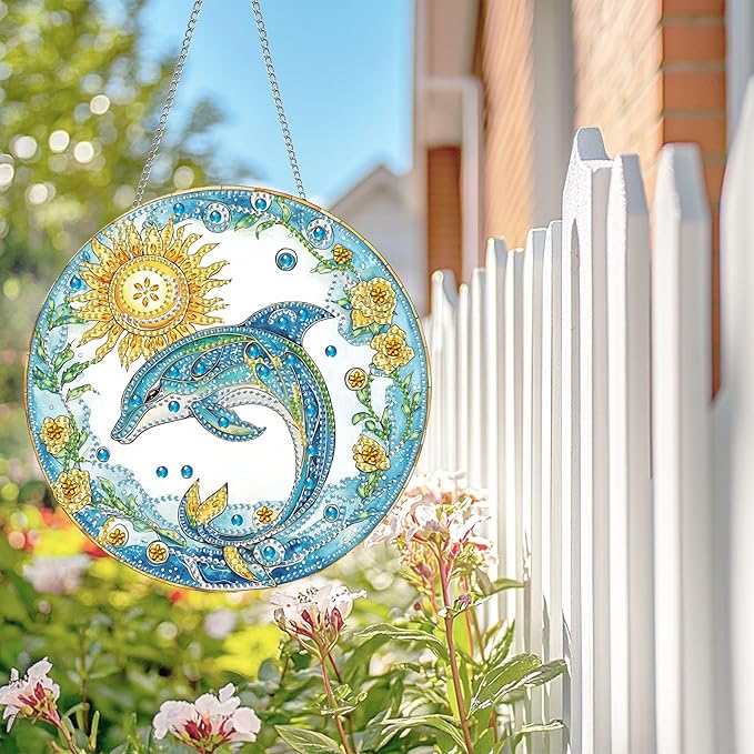 Wergund 5D DIY Dolphin Diamond Art Hanging Kits, Hanging Diamond Art Animal, Acrylic Special Shaped Rhinestone, Window Hanging Pendants for Home Wall Garden Front Door Outdoor Decor Gift(Dolphin)