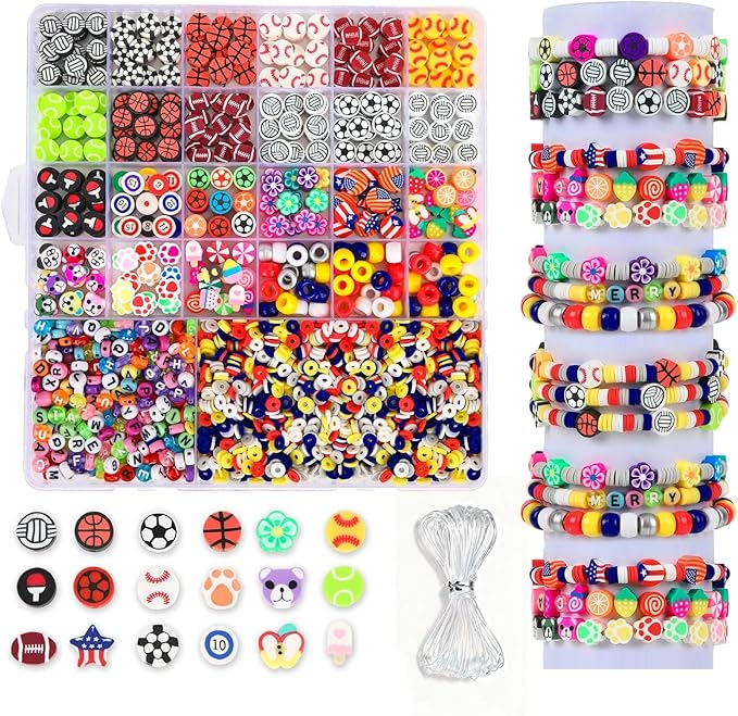 Augshy 1875 Pcs Sports Polymer Clay Beads Kit for Jewelry Making Sports Ball Themed Bead Mixed Football Baseball Soccer Volleyball Beads with Alphabet Beads, Pony Bead, Strings for DIY Bracelets