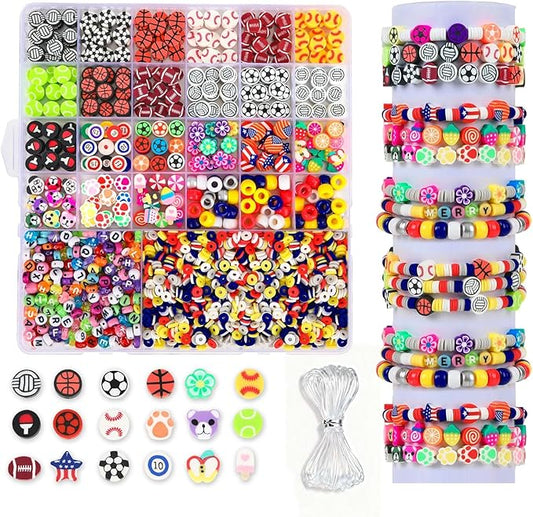 Augshy 1875 Pcs Sports Polymer Clay Beads Kit for Jewelry Making Sports Ball Themed Bead Mixed Football Baseball Soccer Volleyball Beads with Alphabet Beads, Pony Bead, Strings for DIY Bracelets