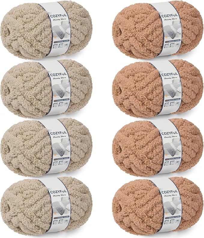 Chunky Yarn for Hand Knitting - #10 Chunky Chenille Yarn, Jumbo Big Thick Chunky Yarns for Crocheting, Super Bulky Chunky Knit Blanket Yarns, 8 Skein (25yd, 8oz/Skein), Khaki & Coffee