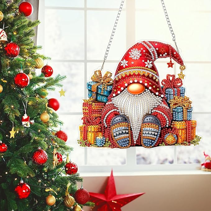 MEIYUDA Gnomes Diamond Art Hanging Kits for Adult, Christmas Gnomes Diamond Painting Hanging Kits Ornaments, DIY Special Shaped Rhinestone Window Pendants kit for Home Garden Wall Decor Gift