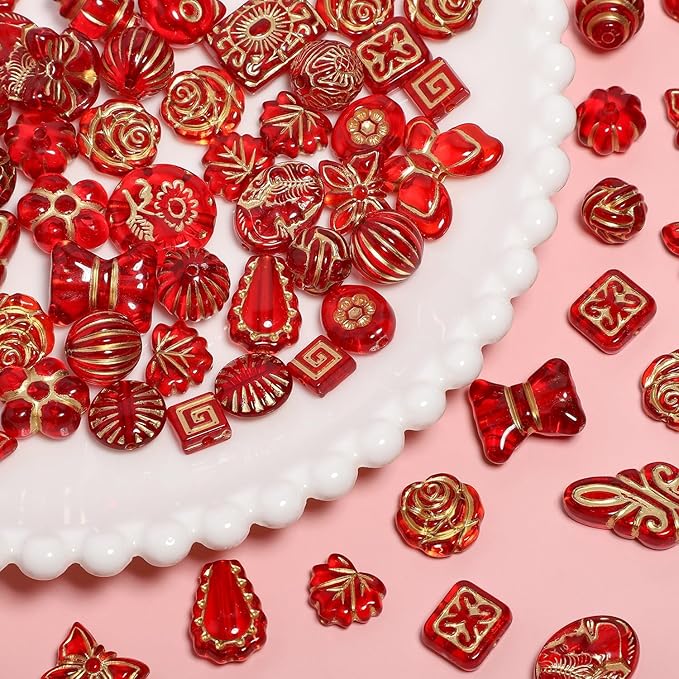 7.5 OZ Assorted Vintage Acrylic Beads for Jewelry Making, Song Xi Unique Flower Rose Czech Beads for Bracelet Earrings, Bohemia Style, Bulk, Arts and Crafts, DIY Holiday Gift (240-260 PCS, Red)