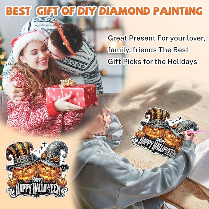 Bowetile Halloween Diamond Art Hanging Kits for Adults, Pumpkin Diamond Art Suncatchers, 5D Special Shape Diamond Painting Pendant Window Ornament Halloween Gifts for Home Garden Door Wall Decor