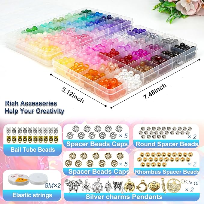 Hanyoung 8mm Glass Beads for Bracelet Making kit,48 Colors 1450 pcs Clear Glass Beads for Jewelry Making, Crystal Round Bracelet kit for DIY Craft Gifts (Solid Color)