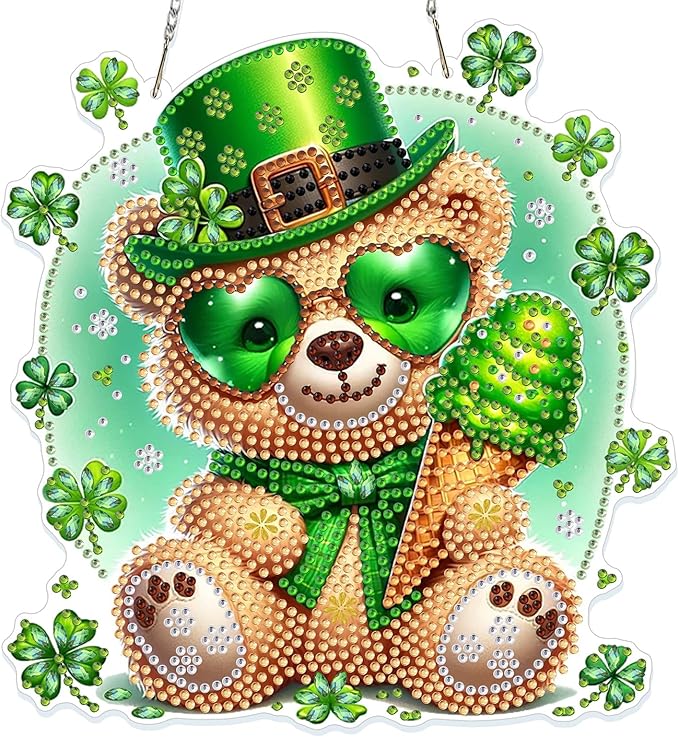 GHHKUD Bear Diamond Art Hanging Kit for Adults, DIY Double Sided Diamond Painting Hanging St.Patrick's Day, Special Shaped Acrylic Ornaments Pendants for Window Home Garden Wall