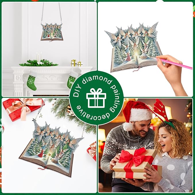 5D Christmas Diamond Painting Pendant Kit, Magic Book with Flying Elf and Snowy Forest, DIY Crystal Diamond Art Hanging Sign for Window, Door & Wall, Fantasy Home Decoration Gift, 24.1 x 20.4 cm