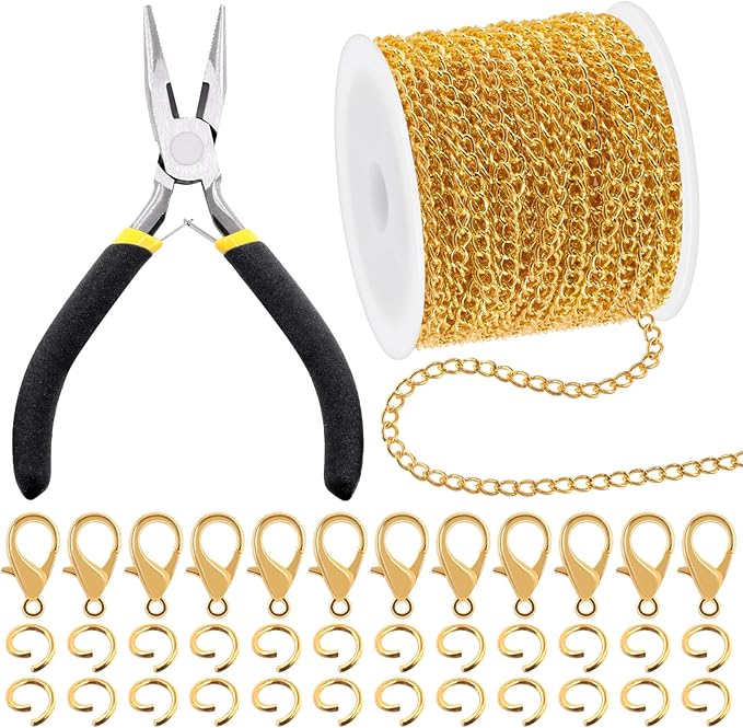 Mardatt 102Pcs Jewelry Making Kit, 10 Yards Necklace Chains with 50Pcs Open Jump Rings, 50Pcs Lobster Clasps, Chain Nose Pliers for DIY Necklace Bracelet Jewelry Making (Gold)