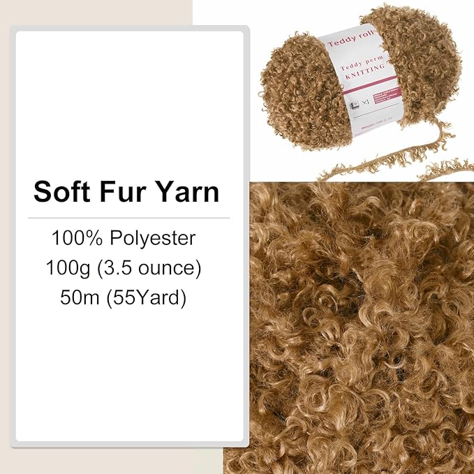 MECCANIXITY Fur Yarn Soft Fluffy Chunky Yarn Fuzzy Eyelash Yarn Brown for Crocheting Knit Clothes Bag - 55Yard/50m, 3.39ozx1