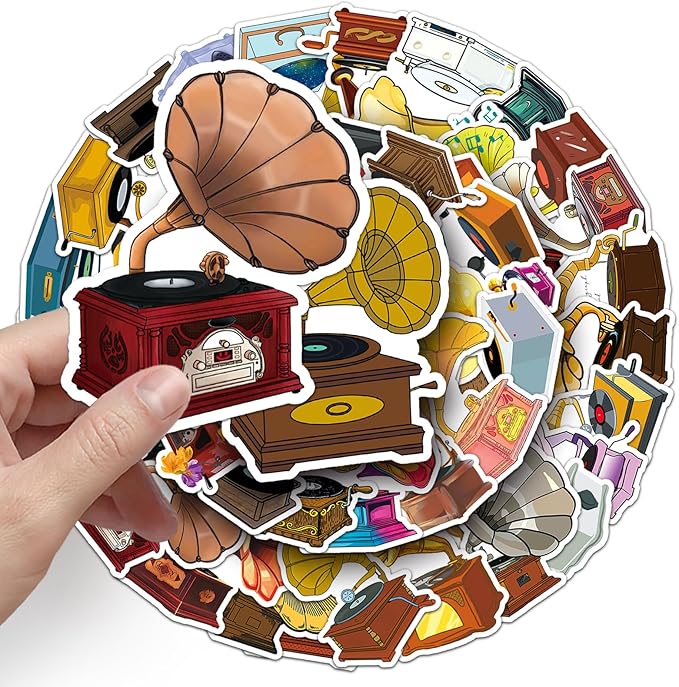 Retro Phonograph Stickers for Scrapbooking,50 Pcs Vintage Phonograph Decals, Waterproof Vinyl Stickers for Journals, Laptops, Home Decor, Ideal for Music Lovers Adults