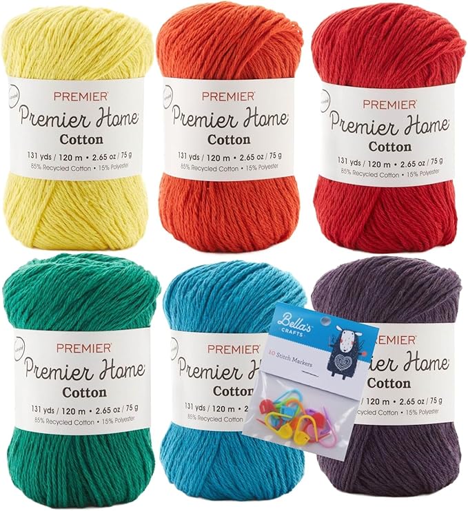 Premier Home Cotton Yarn 6-Pack Bundle with Bella's Crafts Stitch Markers (Bright Solid Mix)