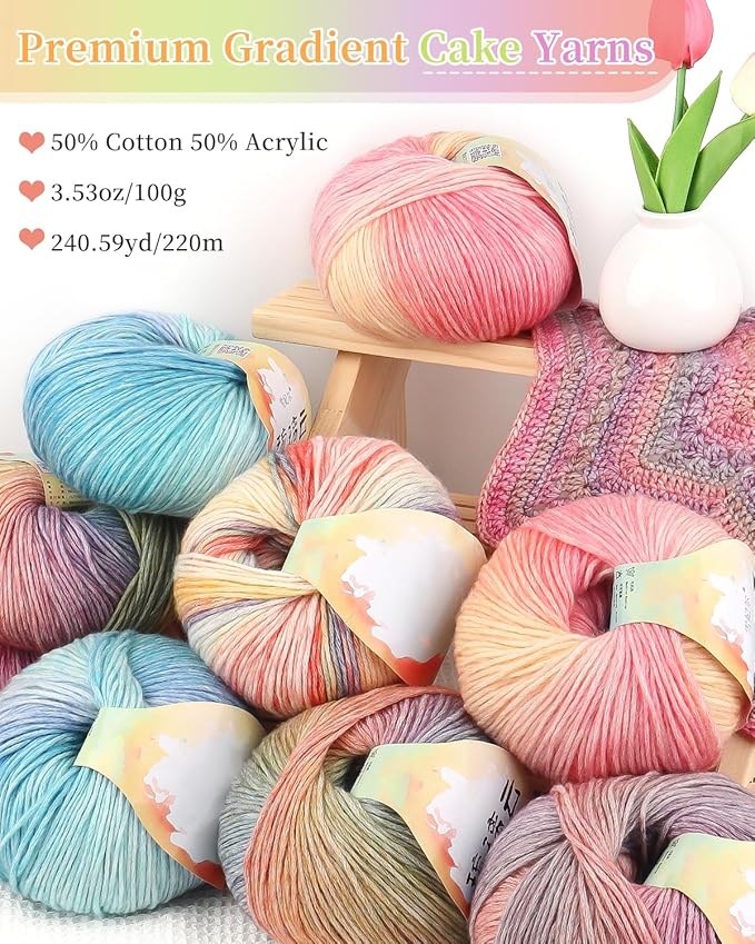 Coopay Yarn for Crocheting Knitting, Gradient Cake Yarns, 2 × 3.53oz - 240yds - 50% Cotton 50% Acrylic Ombre Yarns, Crochet Yarn for Blankets, Shawls, Scarves (201 Sunset)