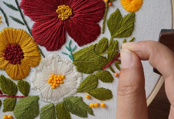 bonroy embroidery kit for beginners with instructions,cross stitch kits for adults with pattern,needlepoint kits for adult include embroidery cloth hoops needles threads (flowers2)