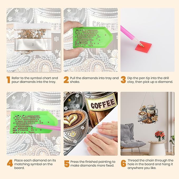 MXJSUA Coffee Dessert Diamond Art Hanging Kits for Adults Beginners, Crystal Diamond Suncatchers, Special Shape Diamond Painting Pendant Window Ornament Gifts for Home Garden Door Wall Decor