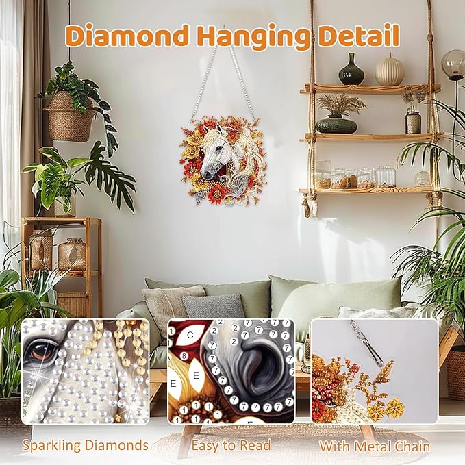 MEIYUDA Horse Diamond Painting Kits Hanging, DIY Flowers Horse Diamond Art Window Pendant for Adults, Special Shape Rhinestone Ornament, Crystal Gem Art Craft for Home Garden Wall Decor
