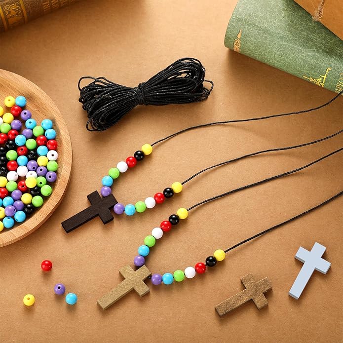 Kathfly DIY Wood Cross on Cord Pendant Necklace Sunday School Crafts for Kids Wood Cross Necklace with Colorful Beads Religious Party Favor for Vbs Church Easter Gifts